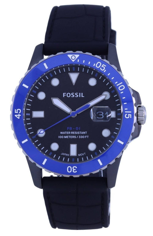 Fossil FB-01 Black Dial Silicone Strap Quartz 100M. A brand-new Fossil FB-01 watch featuring a Black dial and a Silicone strap. Angled view.