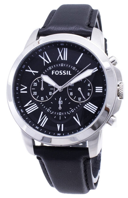 Fossil Grant Chronograph Black Leather Strap Water Resistant. A brand-new Fossil Grant watch featuring a Leather strap. Front view.