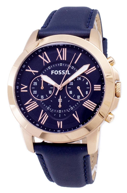 Fossil Grant Chronograph Blue Leather Strap Water Resistant. A brand-new Fossil Grant watch featuring a Leather strap. Front view.
