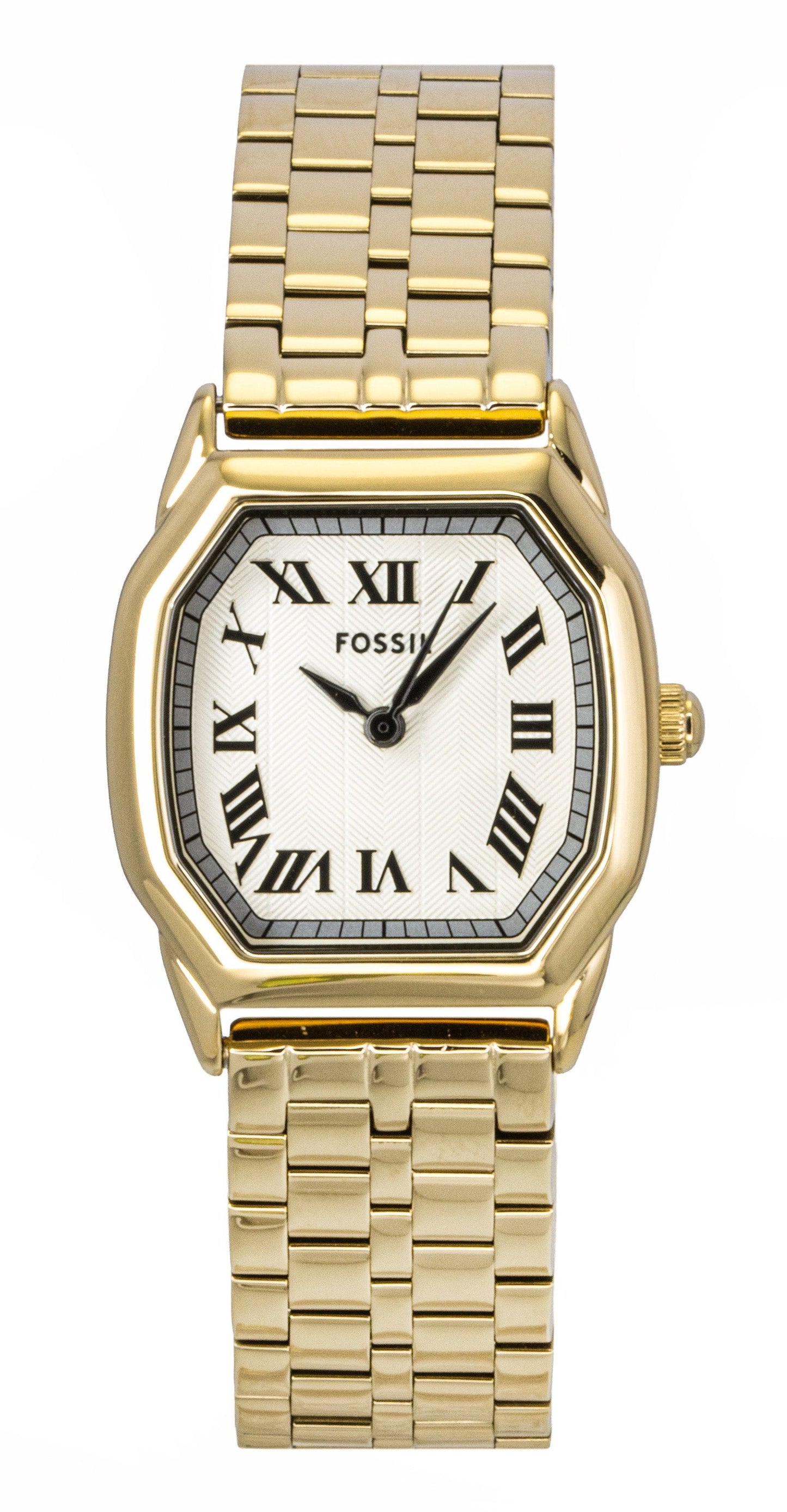 Fossil Harlow Gold Tone Stainless Steel Cream Dial Quartz Wo. A brand-new Fossil Harlow watch featuring a Stainless steel strap. Angled view.