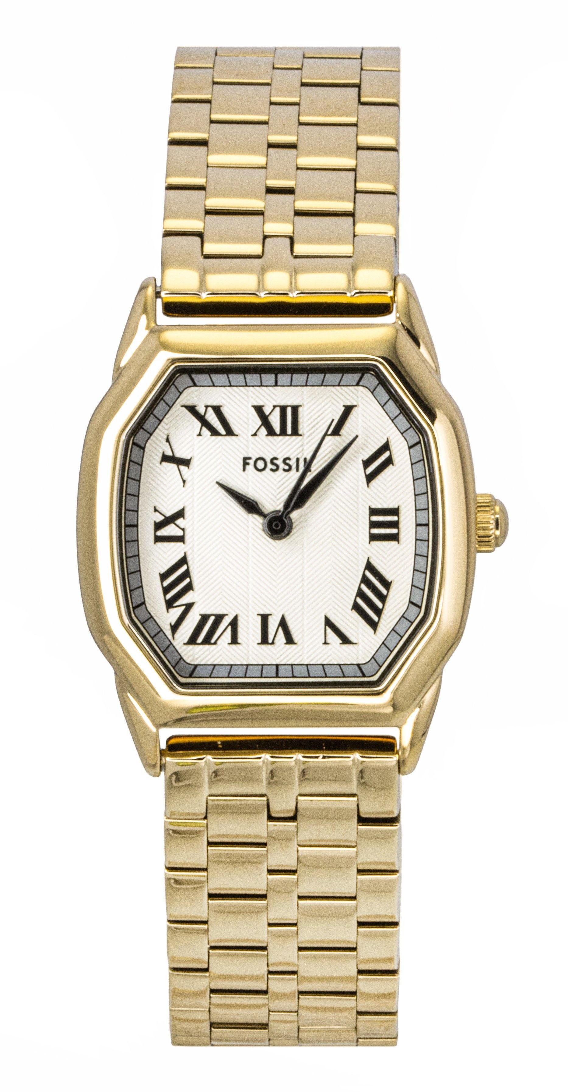 Fossil Harlow Gold Tone Stainless Steel Cream Dial Quartz Wo. A brand-new Fossil Harlow watch featuring a Stainless steel strap. Angled view.