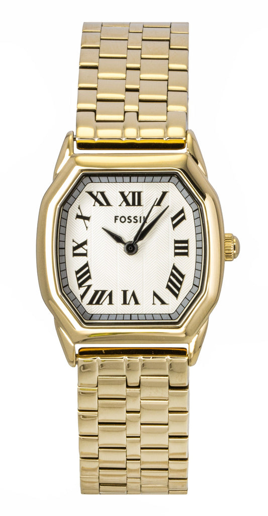 Fossil Harlow Gold Tone Stainless Steel Cream Dial Quartz Wo. A brand-new Fossil Harlow watch featuring a Stainless steel strap. Angled view.
