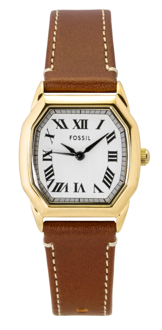 Fossil Harlow Leather Strap Beige Dial Quartz Wo. A brand-new Fossil Harlow watch featuring a Beige dial and a Leather strap. Angled view.