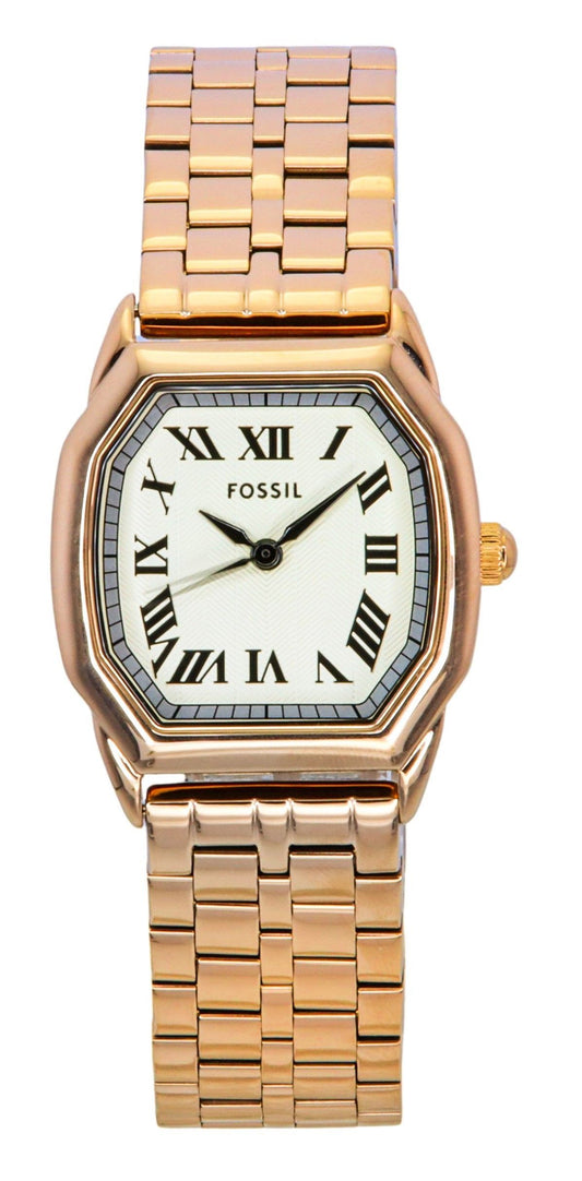 Fossil Harlow Rose Gold Tone Stainless Steel Cream Dial. A brand-new Fossil Harlow watch featuring a Stainless steel strap. Side view.