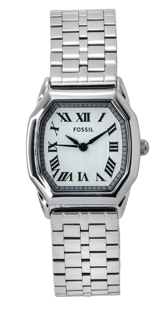 Fossil Harlow Stainless Steel Cream Dial Quartz Wo. A brand-new Fossil Harlow watch featuring a Stainless steel strap. Angled view.