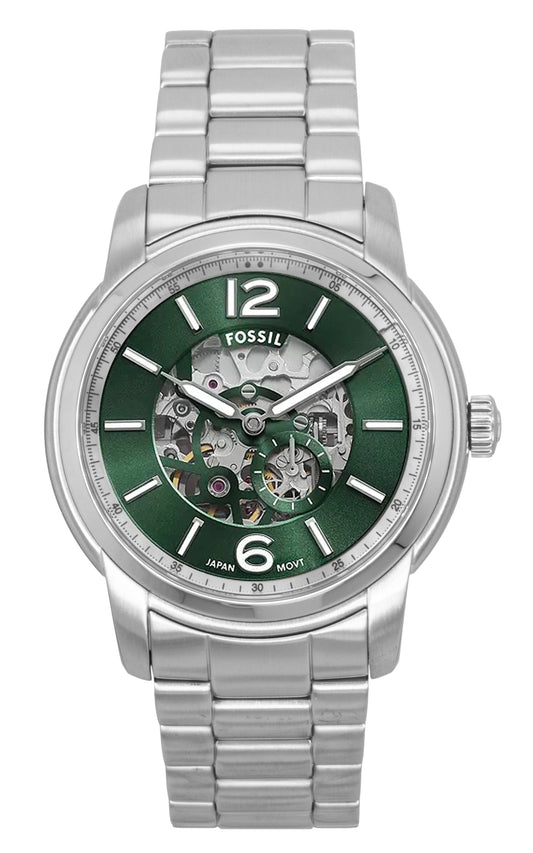 Fossil Heritage Stainless Steel Green Skeleton Dial. A brand-new Fossil Heritage watch featuring a Stainless steel strap. Side view.