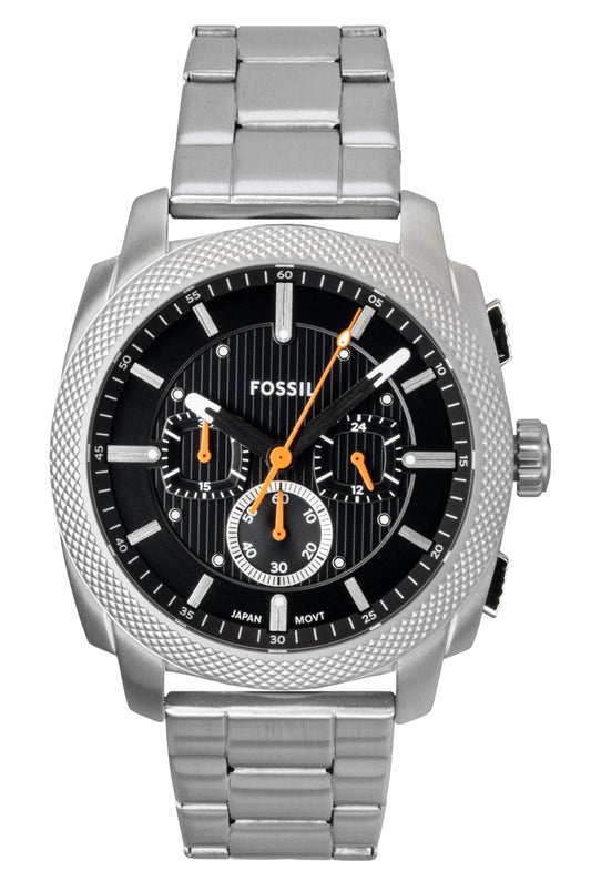 Fossil Machine Chronograph Stainless Steel Black Dial Quartz. A brand-new Fossil Machine watch featuring a Black dial and a Stainless steel strap. Front view.