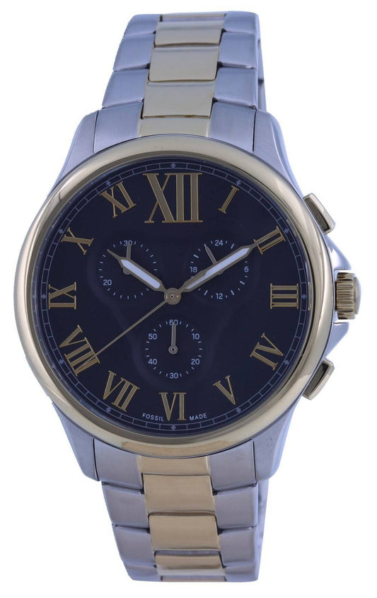 Fossil Monty Chronograph Two Tone Stainless Steel Quartz. A brand-new Fossil Monty watch featuring a Stainless steel strap. Angled view.