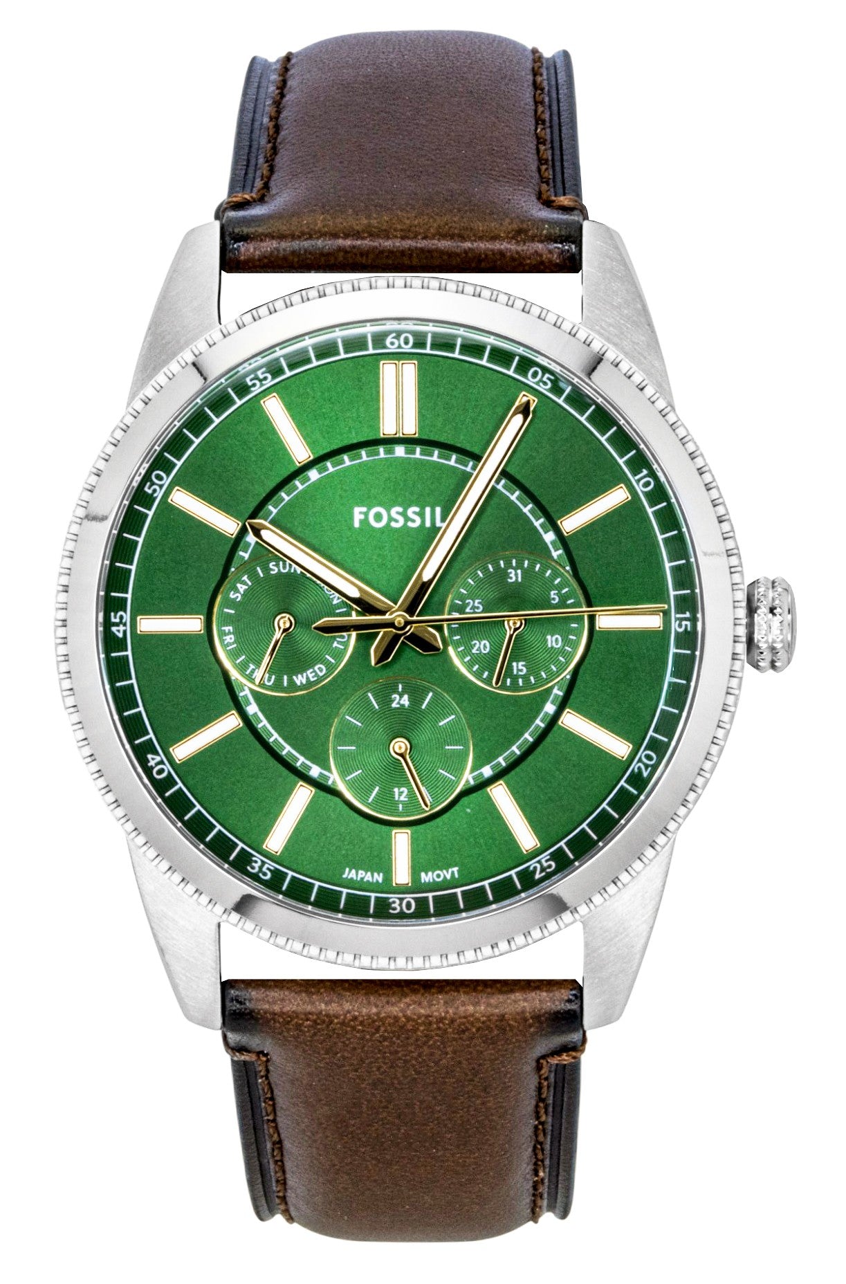 Fossil Pearson Multifunction Leather Strap Green Dial Quartz. A brand-new Fossil watch featuring a Green dial and a Leather strap. Side view.