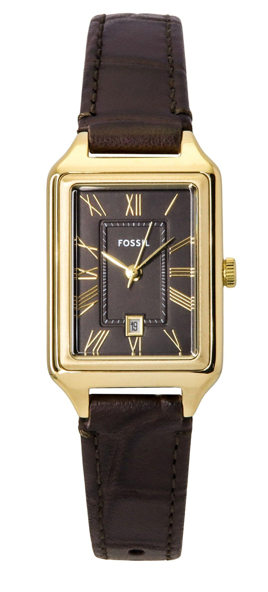 Fossil Raquel Leather Strap Brown Dial Quartz Wo. A brand-new Fossil Raquel watch featuring a Leather strap. Angled view.