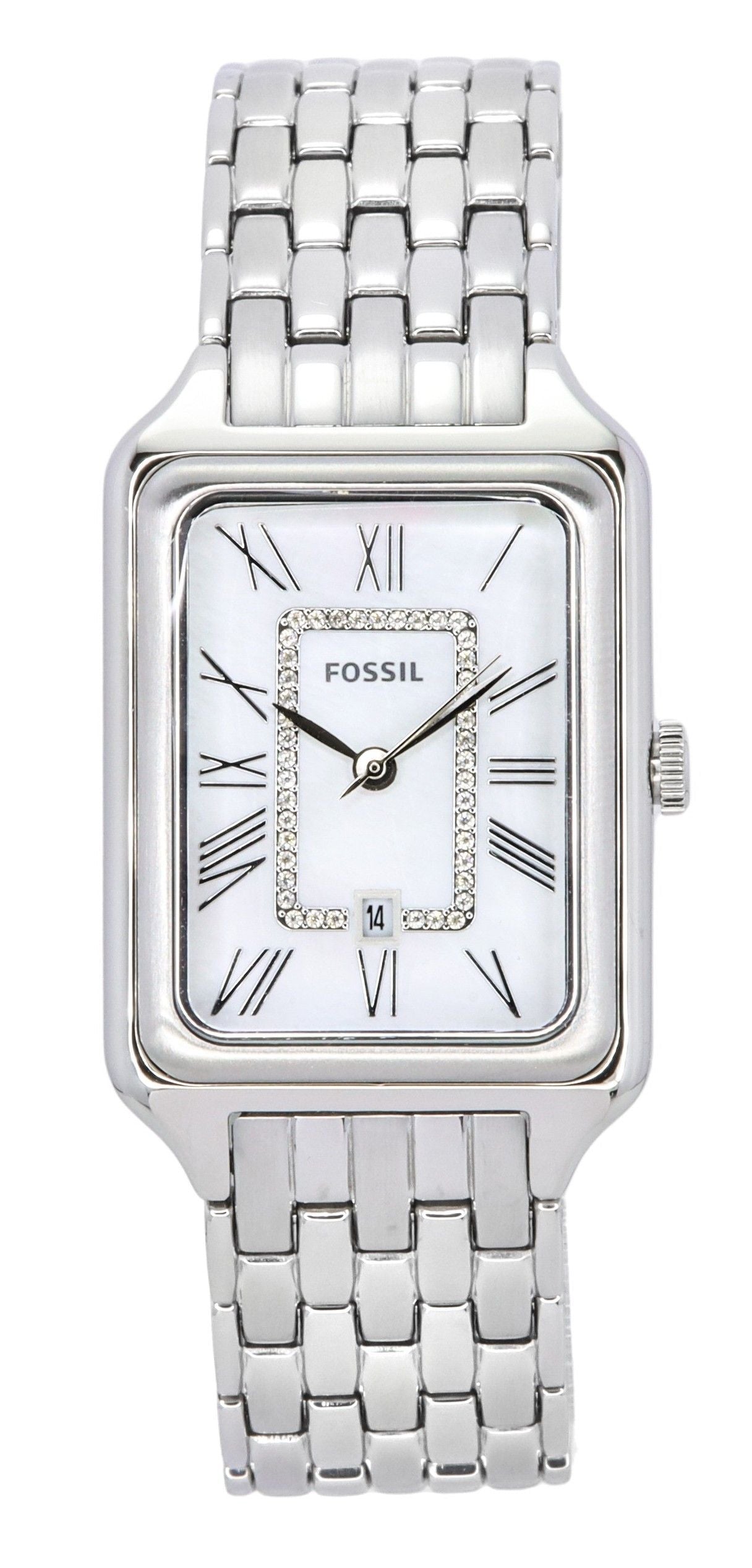Fossil Raquel Stainless Steel White Mother Of Pearl Dial. A brand-new Fossil Raquel watch featuring a Mother Of Pearl dial and a Stainless steel strap. Front view.