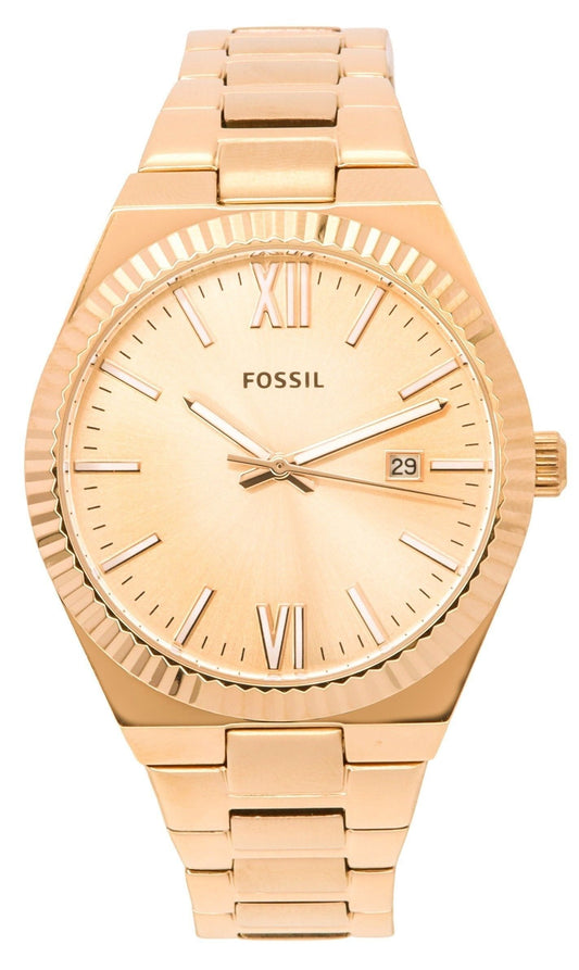 Fossil Refurbished Fossil Scarlette Rose Gold Stainless. A professionally refurbished Refurbished watch featuring a Rose Gold dial and a Stainless steel strap. Front view.