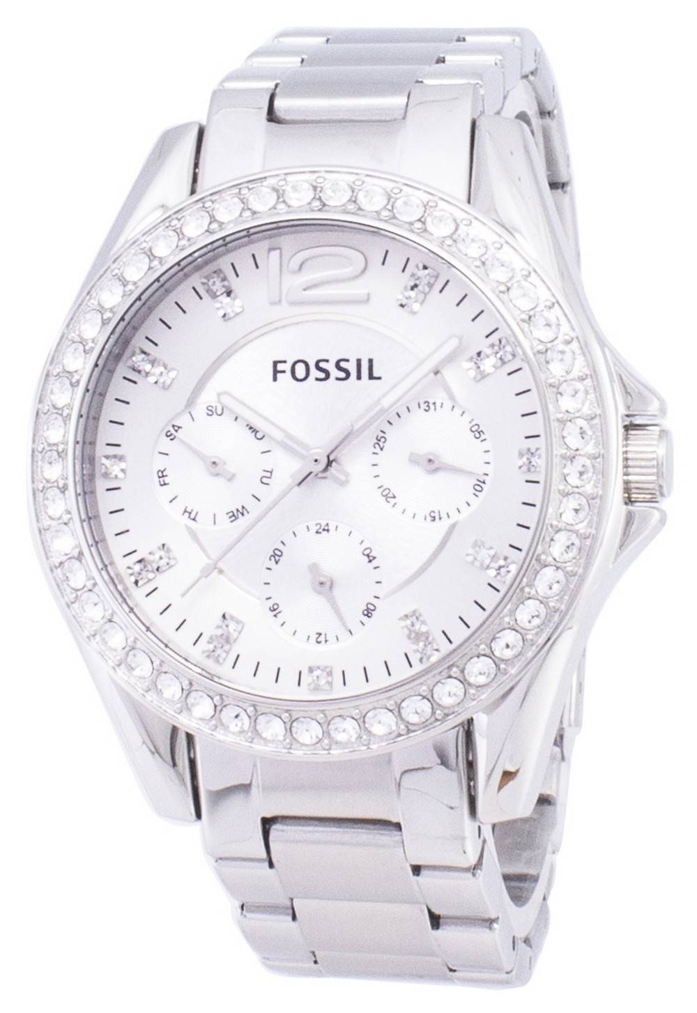 Fossil Riley Multifunction Crystal Dial Wo Water Resistant. A brand-new Fossil watch featuring a Stainless steel strap. Angled view.