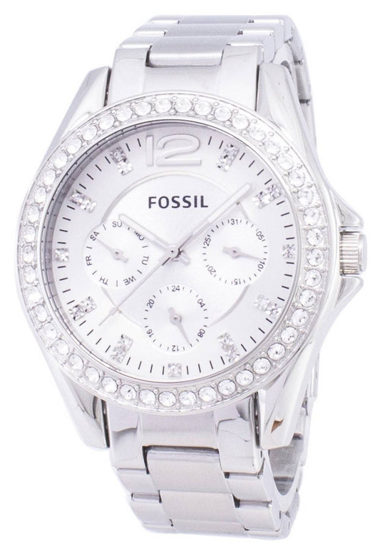 Fossil Riley Multifunction Crystal Dial Wo Water Resistant. A brand-new Fossil watch featuring a Stainless steel strap. Angled view.