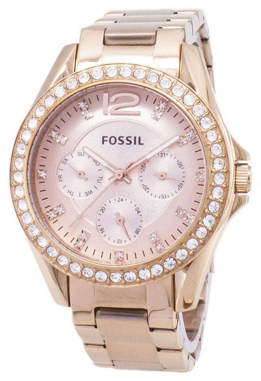 Fossil Riley Multifunction Crystal Rose Gold Wo. A brand-new Fossil watch featuring a Stainless steel strap. Angled view.