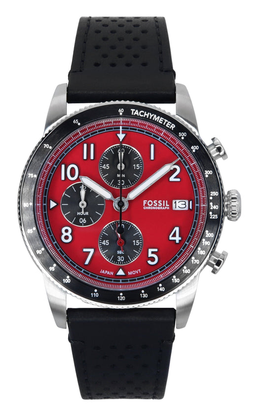Fossil Sport Tourer Chronograph Leather Strap Red Dial. A brand-new Fossil Sport Tourer watch featuring a Red dial and a Leather strap. Angled view.
