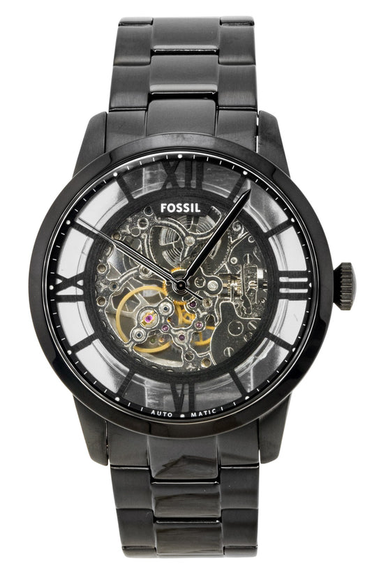 Fossil Townsman Stainless Steel Black Skeleton Dial. A brand-new Fossil Townsman watch featuring a Black Skeleton dial and a Stainless steel strap. Angled view.