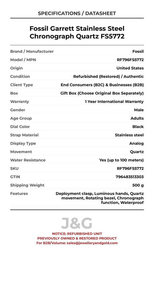 Fossil Garrett Stainless Steel Chronograph Quartz FS5772. A professionally refurbished Fossil watch featuring a Black dial and a Stainless steel strap. Side view. - MAIN_PH