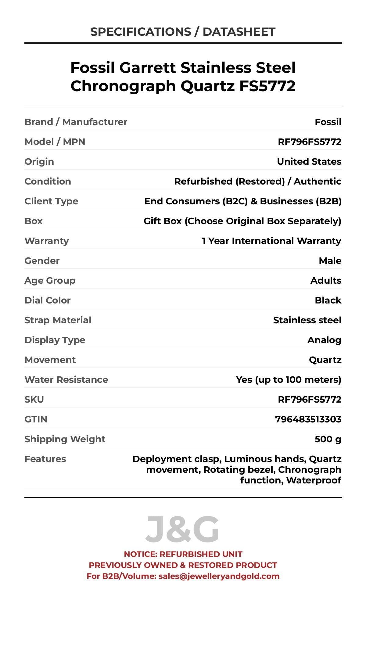 Fossil Garrett Stainless Steel Chronograph Quartz FS5772. A professionally refurbished Fossil watch featuring a Black dial and a Stainless steel strap. Front view. - MAIN_PH
