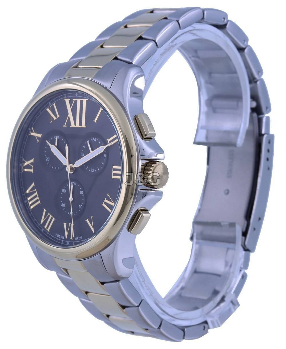 Fossil Monty Deployment clasp Blue Stainless steel Male FS5636. A brand-new Fossil Monty watch featuring a Blue dial and a Stainless steel strap. Side view. - view 3