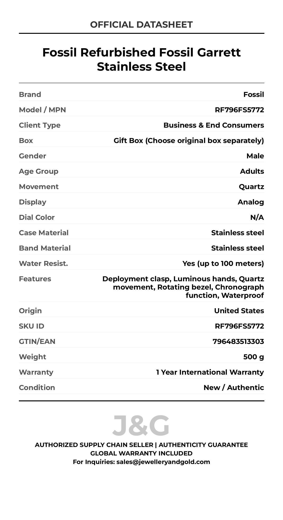 Fossil Refurbished Fossil Garrett Stainless Steel. A brand-new Fossil watch featuring a N/A dial and a Stainless steel strap. Side view. - MAIN_PH