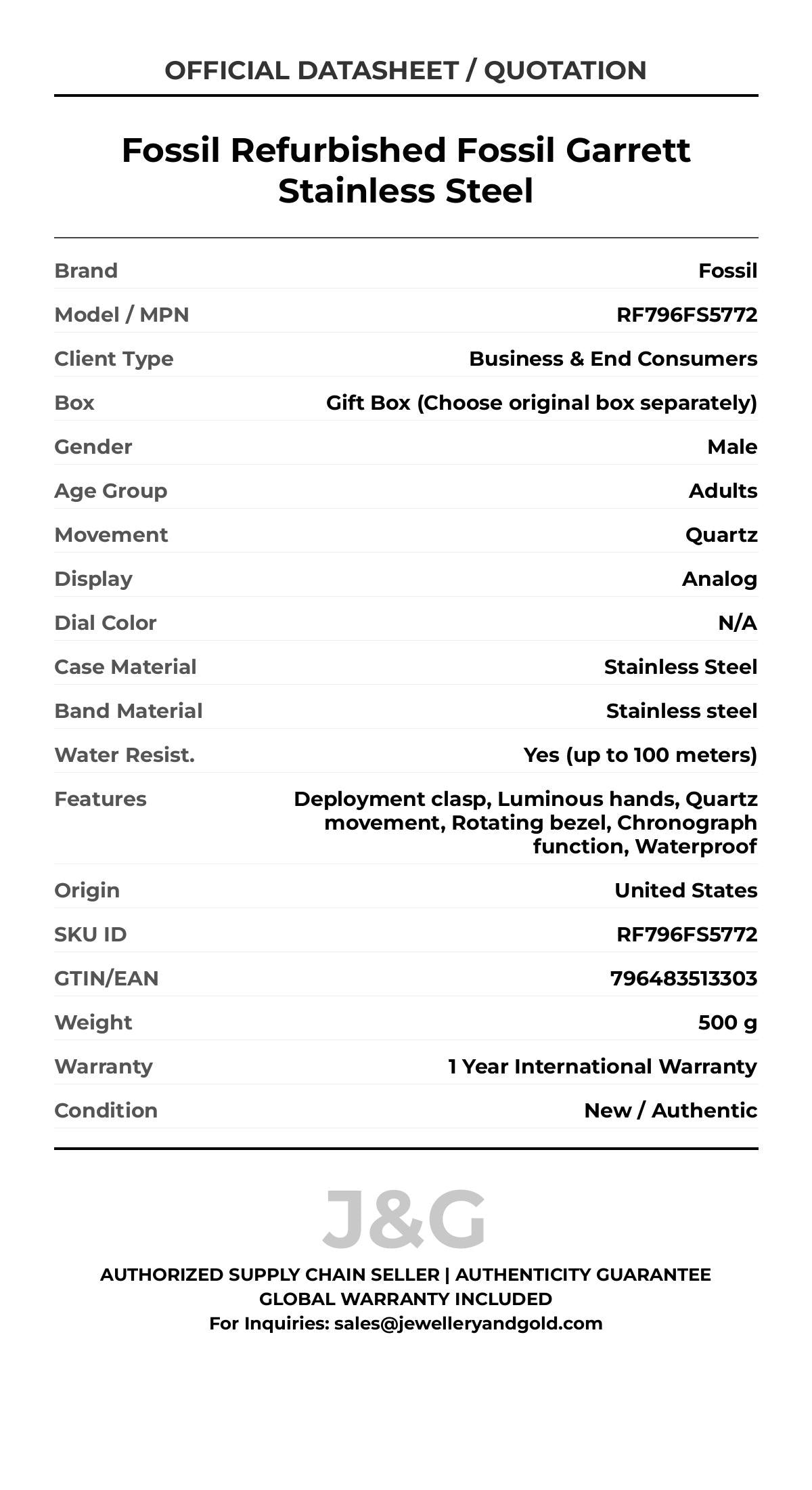 Fossil Refurbished Fossil Garrett Stainless Steel. A brand-new Fossil watch featuring a N/A dial and a Stainless steel strap. Side view. - MAIN_PH