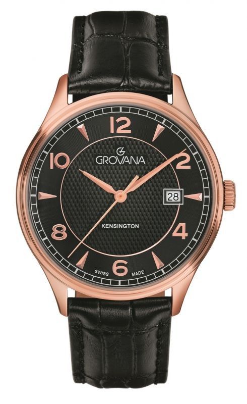 Grovana Kensington Classic Leather Strap Black Dial Quartz. A brand-new Grovana watch featuring a Black dial and a Leather strap. Side view.