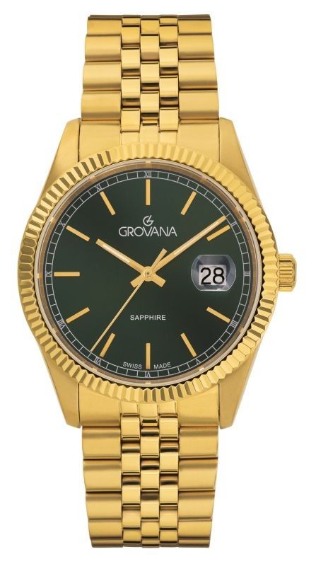 Grovana Kensington Royal Gold Tone Stainless Steel Green. A brand-new Grovana watch featuring a Green dial and a Stainless steel strap. Front view.