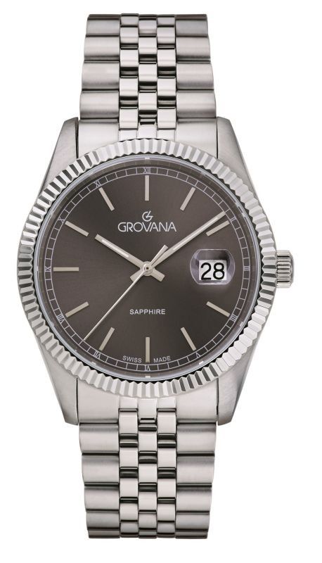 Grovana Kensington Royal Stainless Steel Anthracite Dial. A brand-new Grovana watch featuring a Anthracite dial and a Stainless steel strap. Front view.