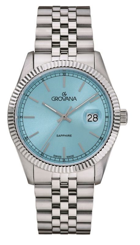 Grovana Kensington Royal Stainless Steel Ice Blue Dial. A brand-new Grovana watch featuring a Blue dial and a Stainless steel strap. Side view.