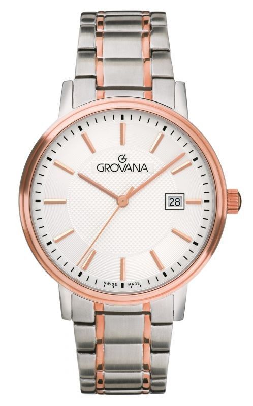 Grovana Kensington Traditional Two Tone Stainless Steel. A brand-new Grovana watch featuring a Silver dial and a Stainless steel strap. Side view.