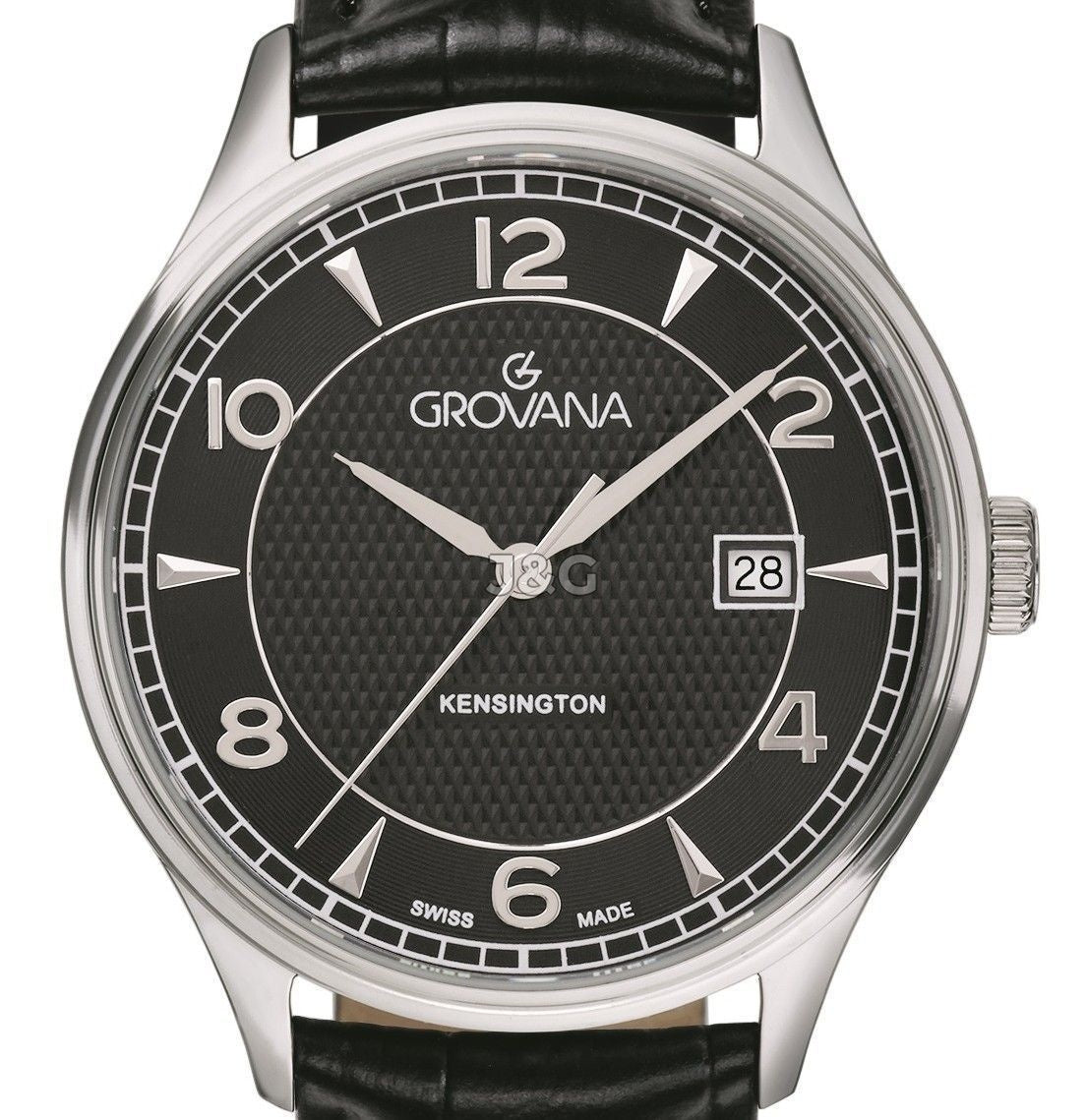 Grovana Quartz movement Black Leather Male 1305.1537.-.GW. A brand-new Grovana watch featuring a Black dial and a Leather strap. Front view. - view 2
