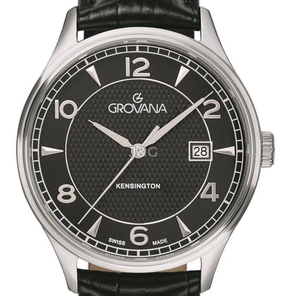 Grovana Quartz movement Black Leather Male 1305.1537.-.GW. A brand-new Grovana watch featuring a Black dial and a Leather strap. Front view. - view 2