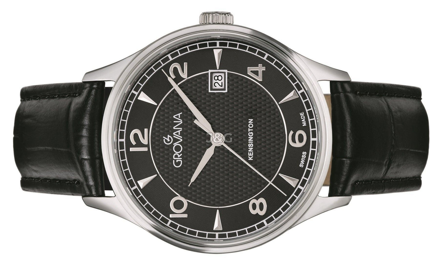 Grovana Quartz movement Black Leather Male 1305.1537.-.GW. A brand-new Grovana watch featuring a Black dial and a Leather strap. Front view. - view 3