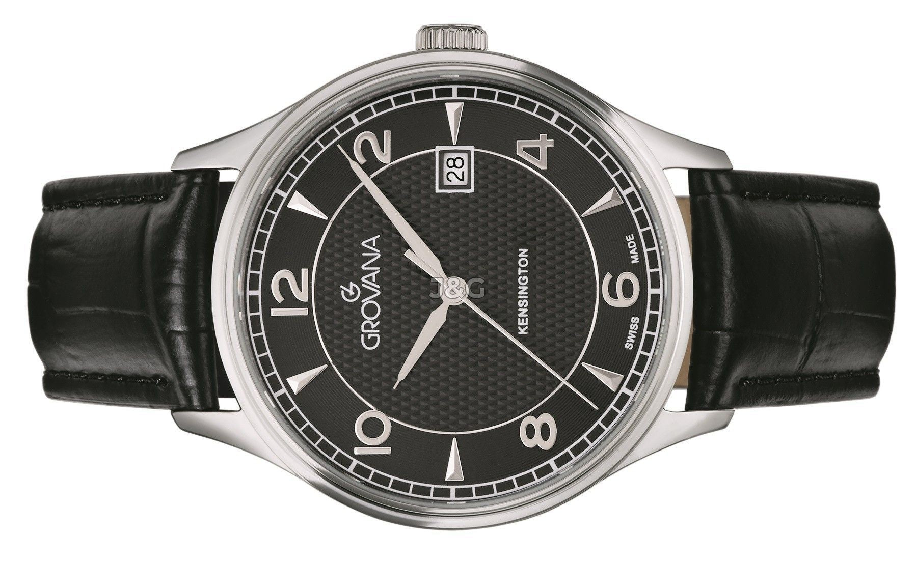 Grovana Quartz movement Black Leather Male 1305.1537.-.GW. A brand-new Grovana watch featuring a Black dial and a Leather strap. Front view. - view 3