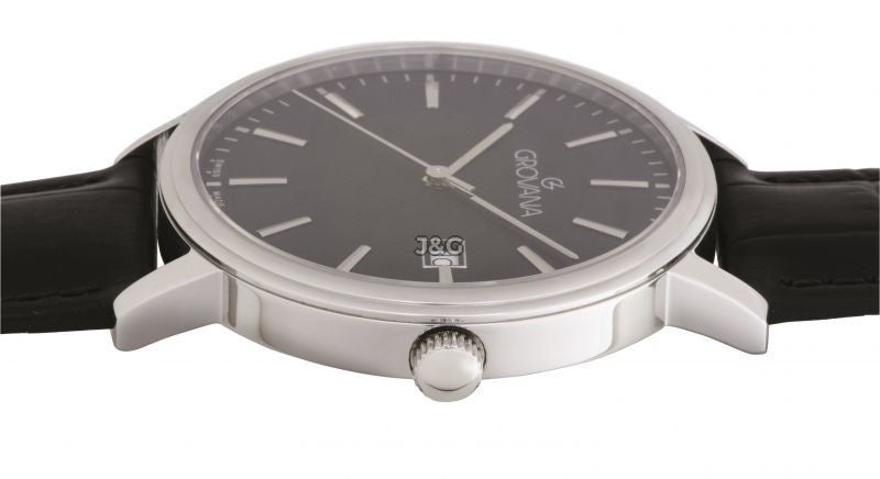 Grovana Quartz movement Black Leather Male 1550.1534.-.GW. A brand-new Grovana watch featuring a Black dial and a Leather strap. Side view. - view 2