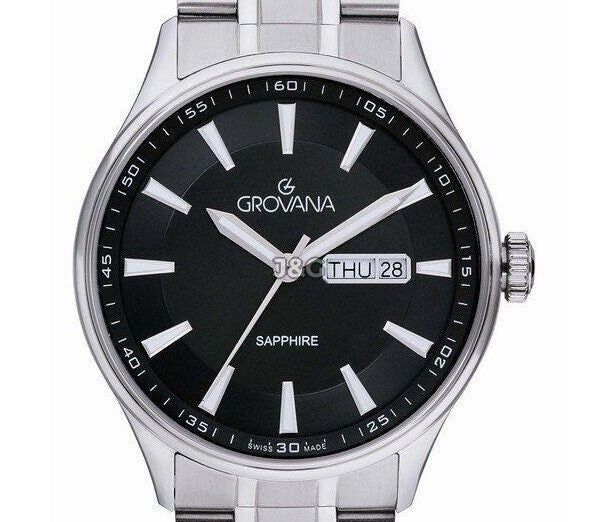Grovana Quartz movement Black Stainless steel Male 1194.1137.-.GW. A brand-new Grovana watch featuring a Black dial and a Stainless steel strap. Angled view. - view 2