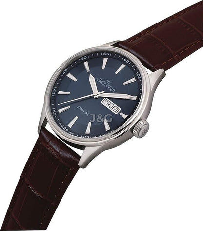 Grovana Quartz movement Blue Leather Male 1194.1535.-.GW. A brand-new Grovana watch featuring a Blue dial and a Leather strap. Angled view. - view 2