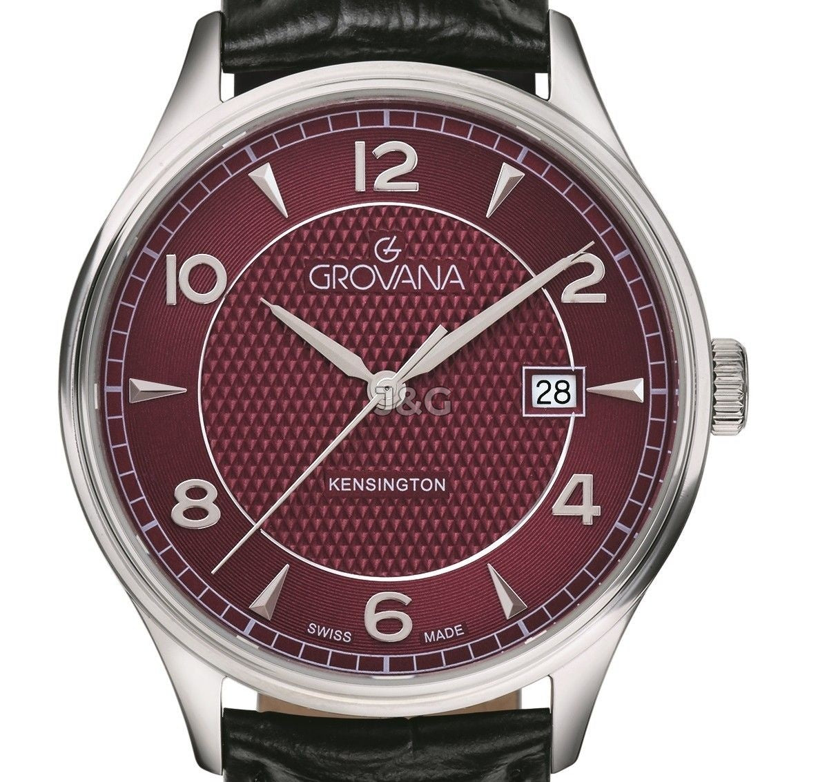 Grovana Quartz movement Bordeaux Leather Male 1305.1536.-.GW. A brand-new Grovana watch featuring a Bordeaux dial and a Leather strap. Angled view. - view 2