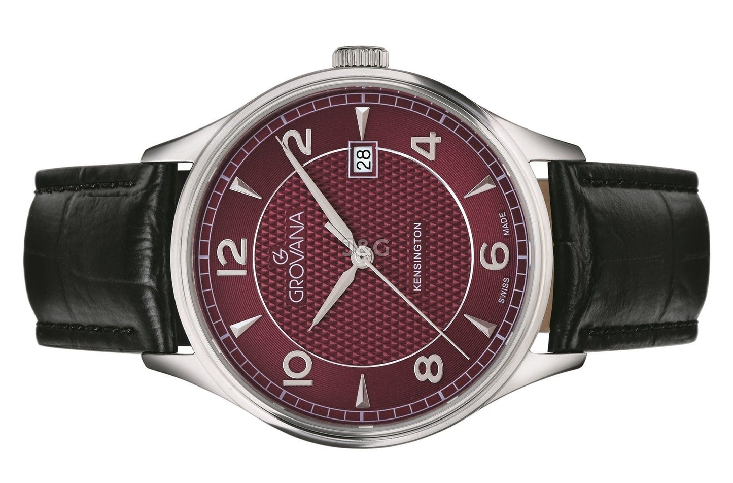 Grovana Quartz movement Bordeaux Leather Male 1305.1536.-.GW. A brand-new Grovana watch featuring a Bordeaux dial and a Leather strap. Angled view. - view 3