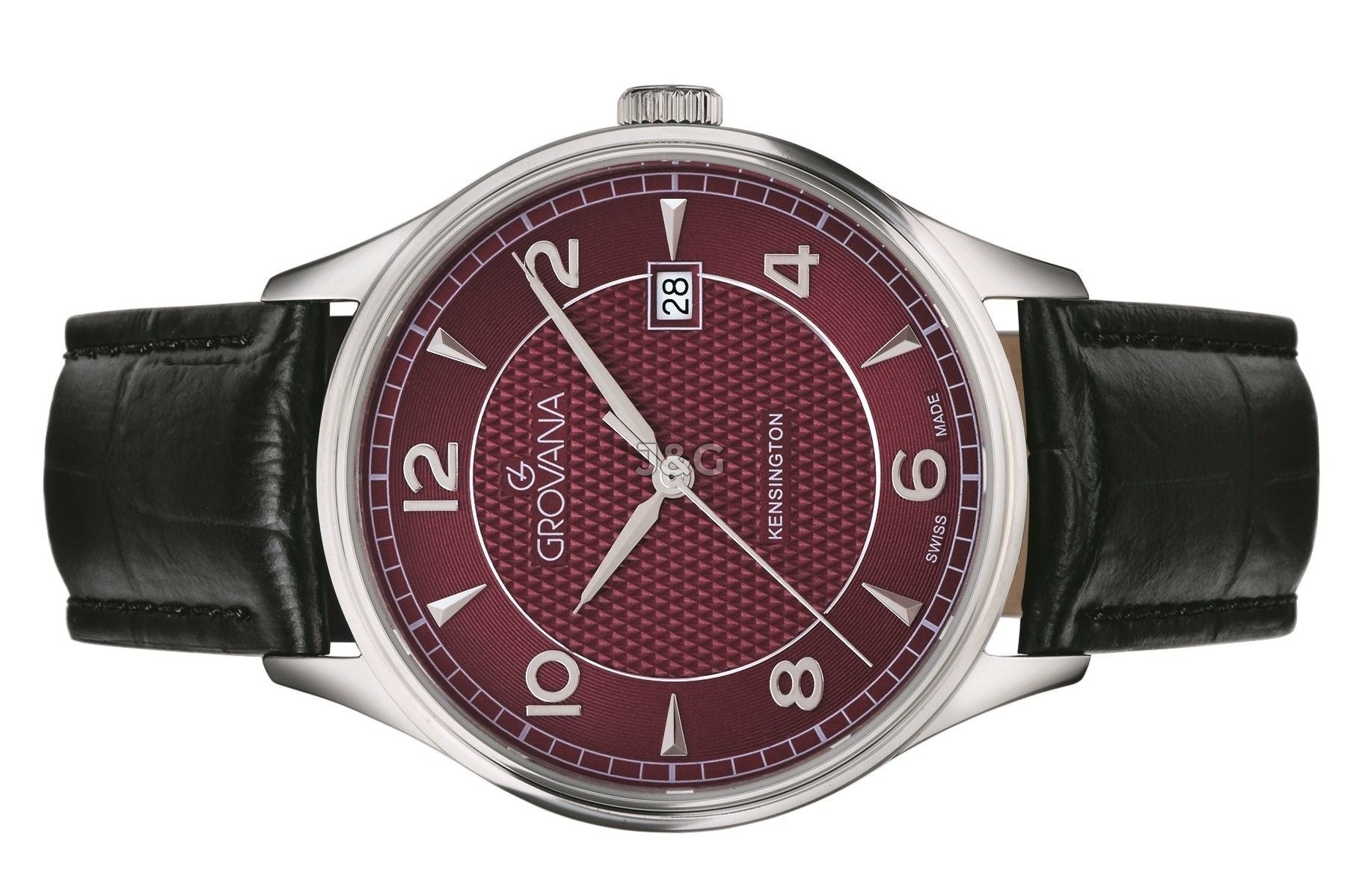 Grovana Quartz movement Bordeaux Leather Male 1305.1536.-.GW. A brand-new Grovana watch featuring a Bordeaux dial and a Leather strap. Angled view. - view 3