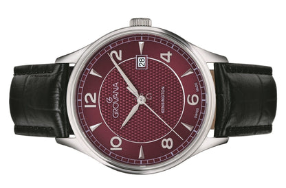 Grovana Quartz movement Bordeaux Leather Male 1305.1536.-.GW. A brand-new Grovana watch featuring a Bordeaux dial and a Leather strap. Angled view. - view 3