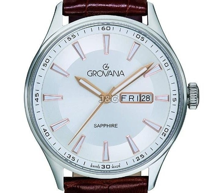 Grovana Quartz movement Silver Leather Male 1194.1528.-.GW. A brand-new Grovana watch featuring a Silver dial and a Leather strap. Side view. - view 2
