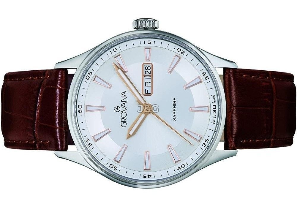 Grovana Quartz movement Silver Leather Male 1194.1528.-.GW. A brand-new Grovana watch featuring a Silver dial and a Leather strap. Side view. - view 3