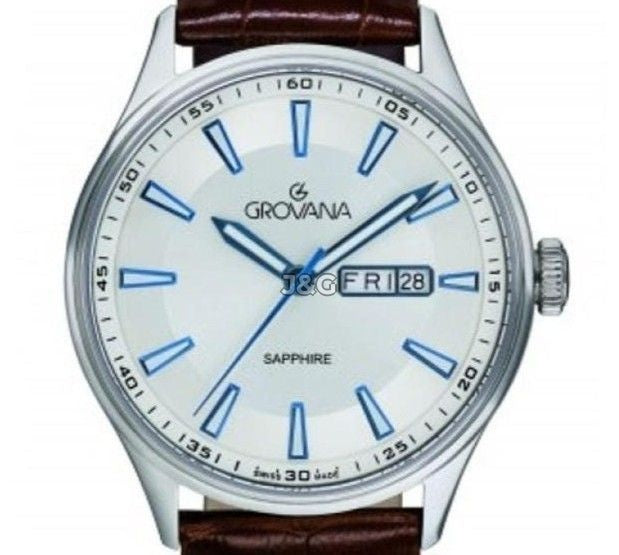 Grovana Quartz movement Silver Leather Male 1194.1532.-.GW. A brand-new Grovana watch featuring a Silver dial and a Leather strap. Angled view. - view 2