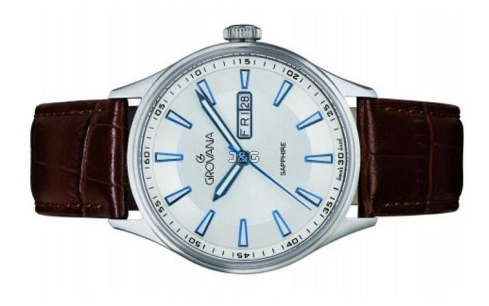 Grovana Quartz movement Silver Leather Male 1194.1532.-.GW. A brand-new Grovana watch featuring a Silver dial and a Leather strap. Angled view. - view 3