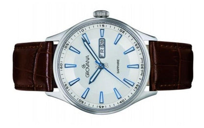 Grovana Quartz movement Silver Leather Male 1194.1532.-.GW. A brand-new Grovana watch featuring a Silver dial and a Leather strap. Angled view. - view 3