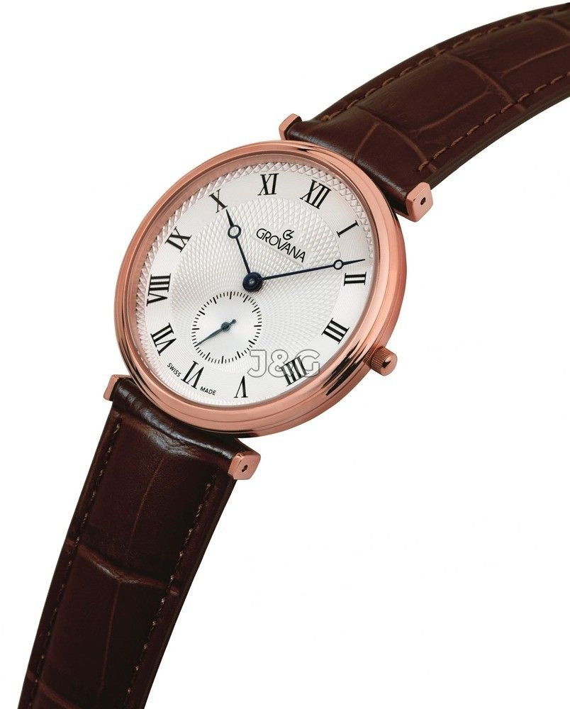 Grovana Quartz movement Silver Leather Male 1276.5568.-.GW. A brand-new Grovana watch featuring a Silver dial and a Leather strap. Side view. - view 2