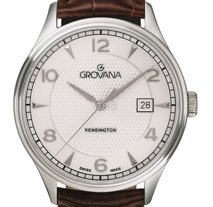 Grovana Quartz movement Silver Leather Male 1305.1532.-.GW. A brand-new Grovana watch featuring a Silver dial and a Leather strap. Angled view. - view 2