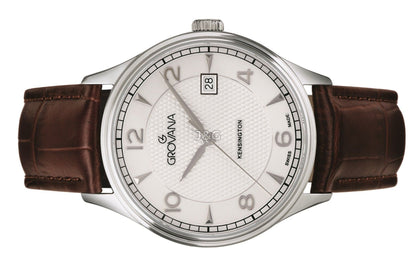 Grovana Quartz movement Silver Leather Male 1305.1532.-.GW. A brand-new Grovana watch featuring a Silver dial and a Leather strap. Angled view. - view 3